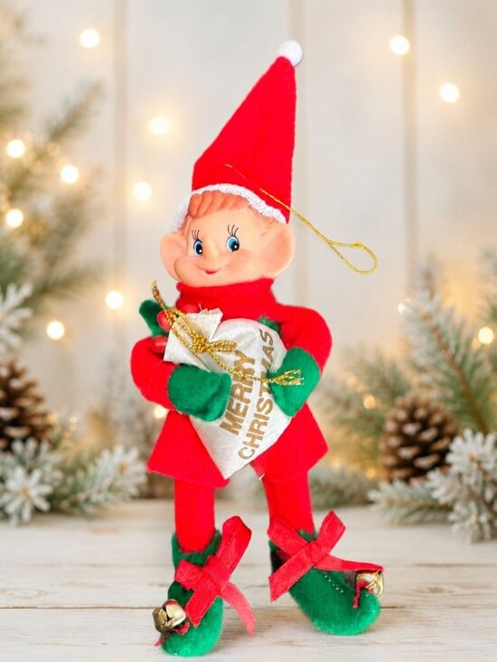 Unknown Other - Vintage Knee Hugger Elf Ornament Red Green Jingle Bells Merry Christmas 6"